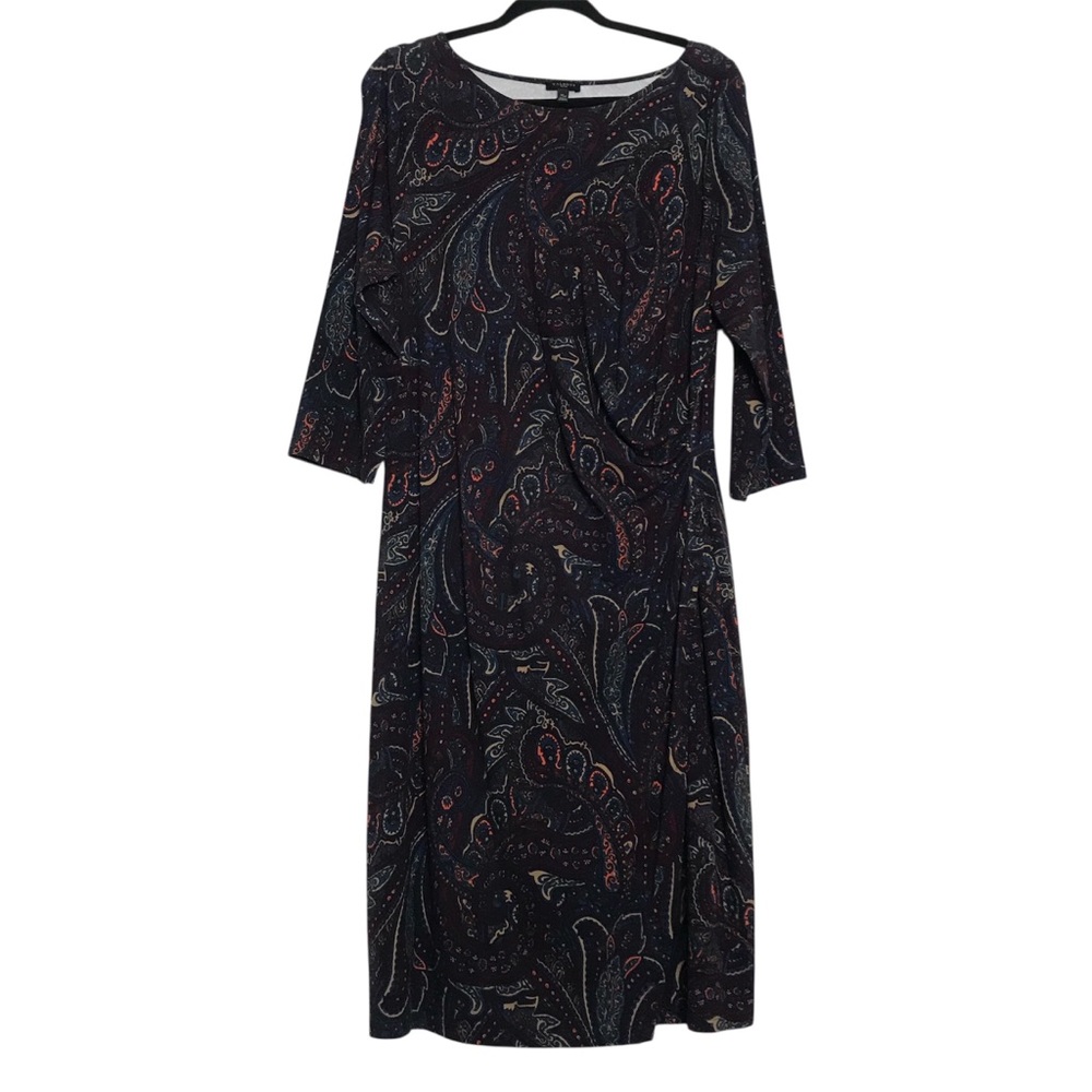 Talbots Brown Paisley 3/4 Sleeve Gathered Midi Dress Womens Size XLP Office